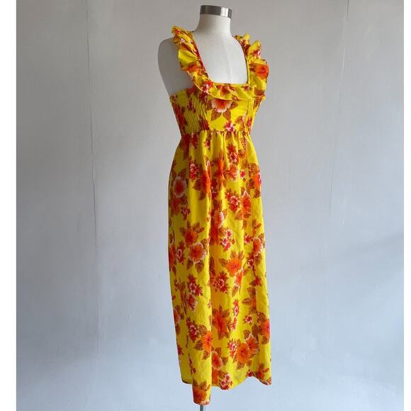 Vtg 60s Hawaiian Yellow Halter Dress Sz 10 Jacqueline's Shirred Tropical Ruffle - Picture 1 of 8